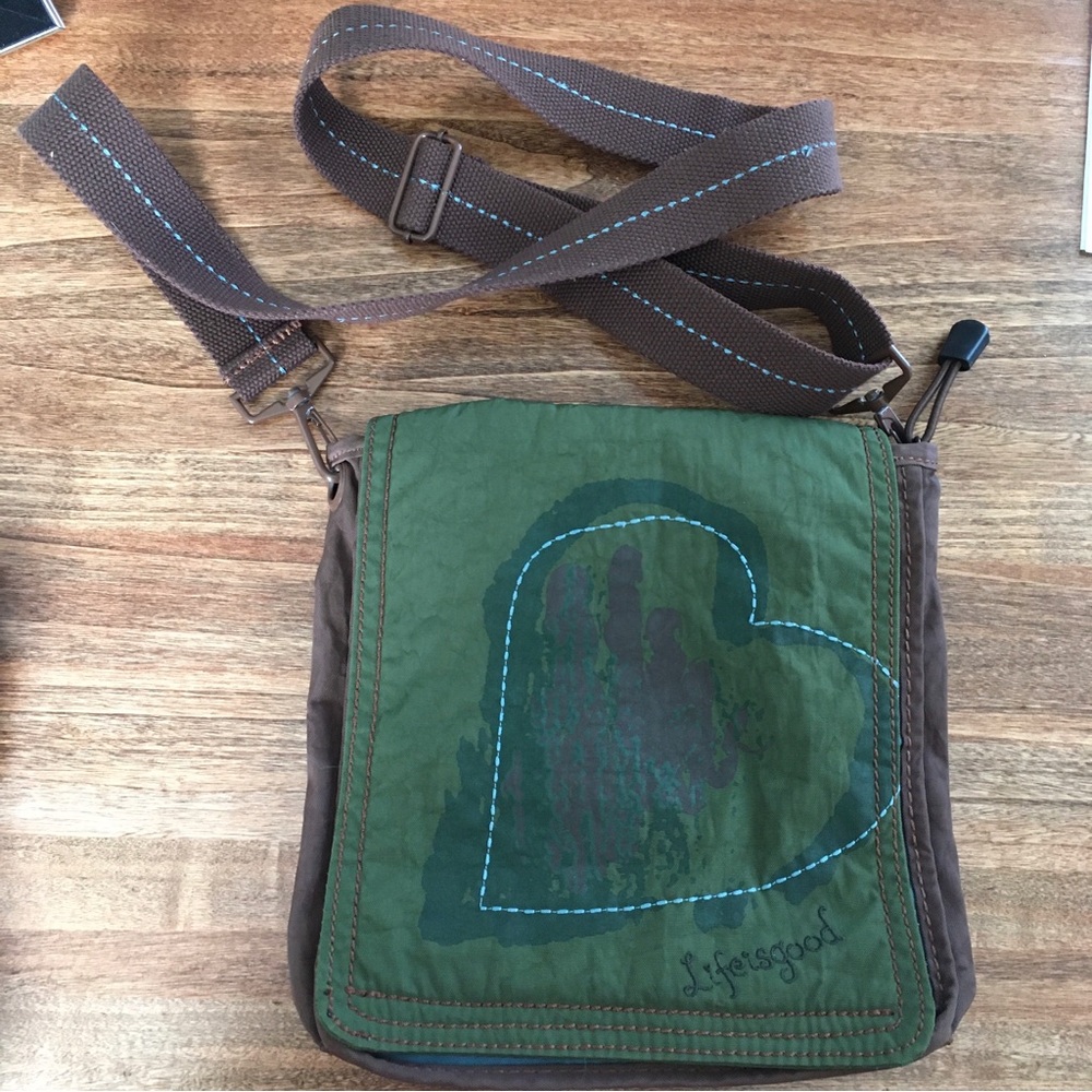 Life Is Good Brown & Green Nylon Crossbody Bag Zip Close Adjustable Strap